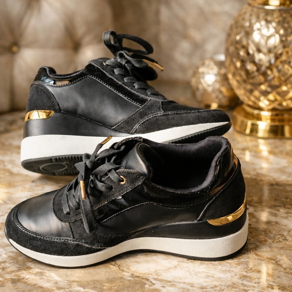 Stylish Black Wedge Sneakers – Gold Accent – Lightly Used